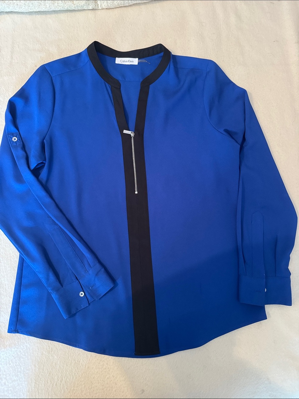 Calvin Klein Blue Long Sleeve Zip-Front Blouse with Black Trim